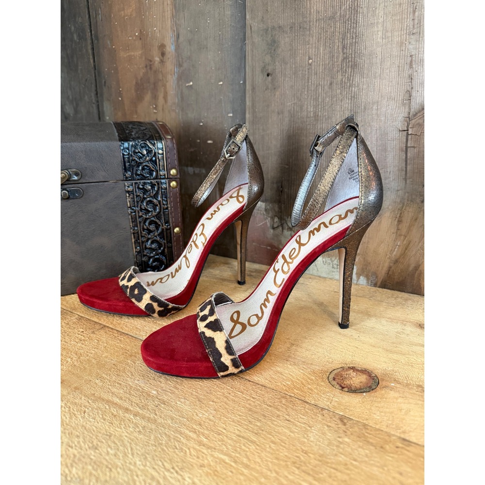 Sam Edelman Eleanor Heels 8.5 Leopard Calf Hair Red Suede Bronze Leather Sandals
